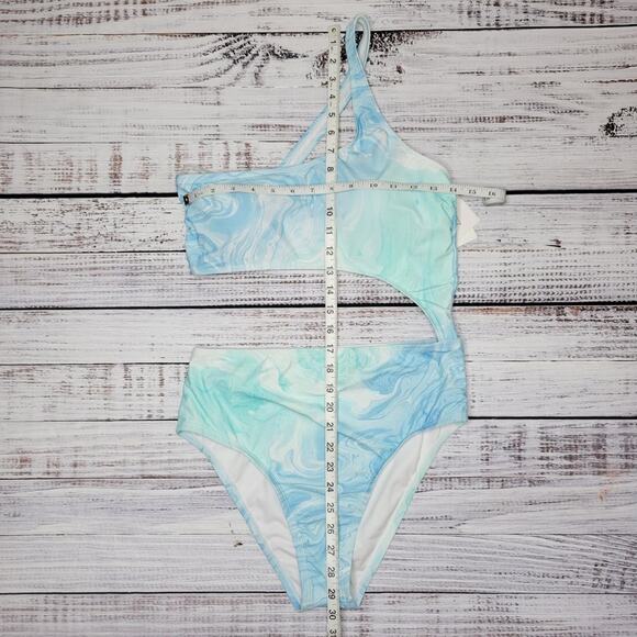 VYB Cut Out Asymmetrical One Piece Swimsuit Tie Dye Blue White | Large - Picture 7 of 7